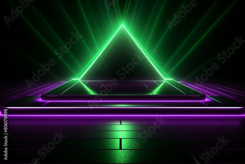 The image is a dark, futuristic landscape with a glowing green pyramid in the center. The pyramid is surrounded by a purple glow.