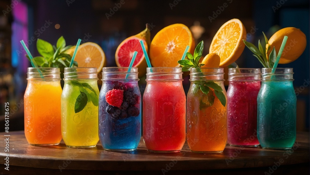 Fototapeta premium Variety of colorful summer beverages lined up, capturing the essence of fun and refreshment amidst a casual setting