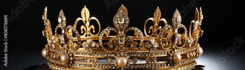 The image shows a gold crown with green and red jewels on a black background.