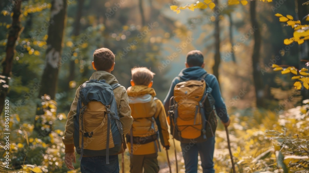Three people are walking through a forest, each carrying a backpack