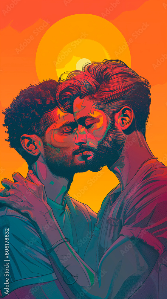 Vibrant Pop Art Illustration of an Embracing Gay Couple Celebrating LGBTQ+ Gender Diversity Vibrant Pop Art Illustration of an Embracing Gay Couple Celebrating LGBTQ+ Gender Diversity