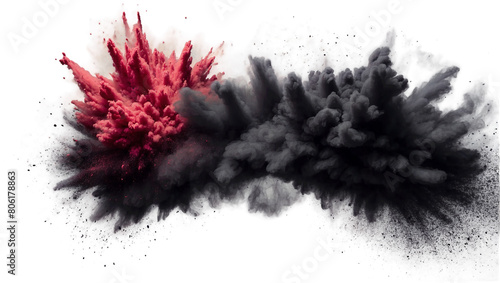 A dramatic clash of red and black smoke plumes against a stark white background