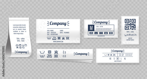 Collection Of Realistic Clothing Tags Featuring Fabric Composition, Care Symbols, And Qr Codes For Scanable Details