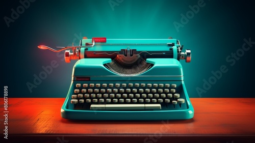 A closeup of a vintage typewriter with a red ribbon. The typewriter is sitting on a wooden table with a red background. photo