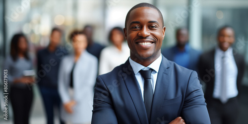 Black businessman smiling with arms crossed, with employees around him photo
