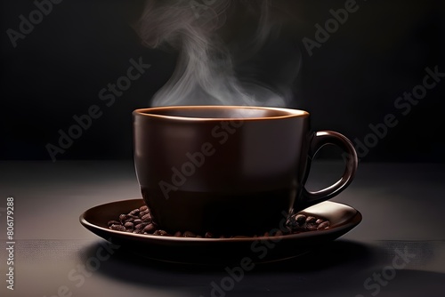 A steaming cup of coffee sits on a saucer surrounded by coffee beans.