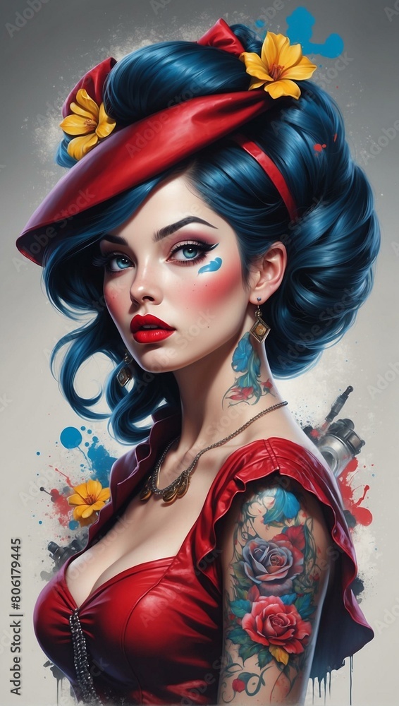 A digital illustration of a woman with blue hair, red headscarf, and yellow flowers A digital illustration of a woman with blue hair, red headscarf, and yellow flowers