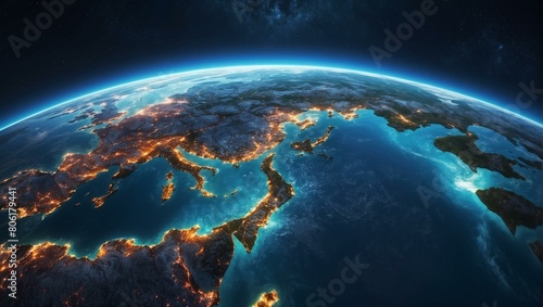 A spectacular image of planet Earth from space  showcasing the glowing lights of civilization amidst the continents against the dark expanse of space