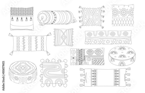 Collection Of Line Art Vector Icons Depicting A Variety Of Eastern Pillows And Cushions, Showcasing Intricate Patterns