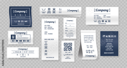 Set Of Clothing Labels, Each Presenting Essential Information Such As Fabric Composition, Care Instructions, Brand Logo