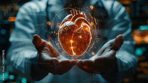 Surgeon holding a digital image of a heart. photo