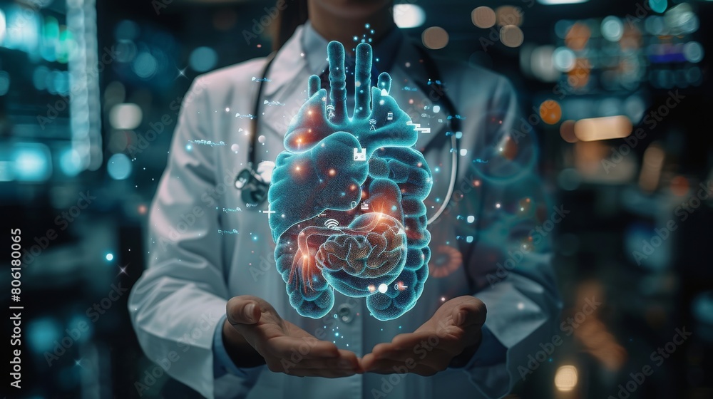 The doctor is holding a glowing blue intestine in her hands. She is looking at it with a serious expression. The background is a blurred image of a hospital. The doctor is holding a glowing blue intestine in her hands. She is looking at it with a serious expression. The background is a blurred image of a hospital.