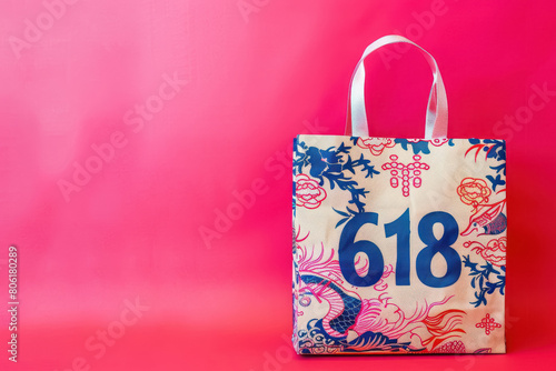 vibrant chinese themed tote bag with red number 618 on floral oriental background for shopping festival