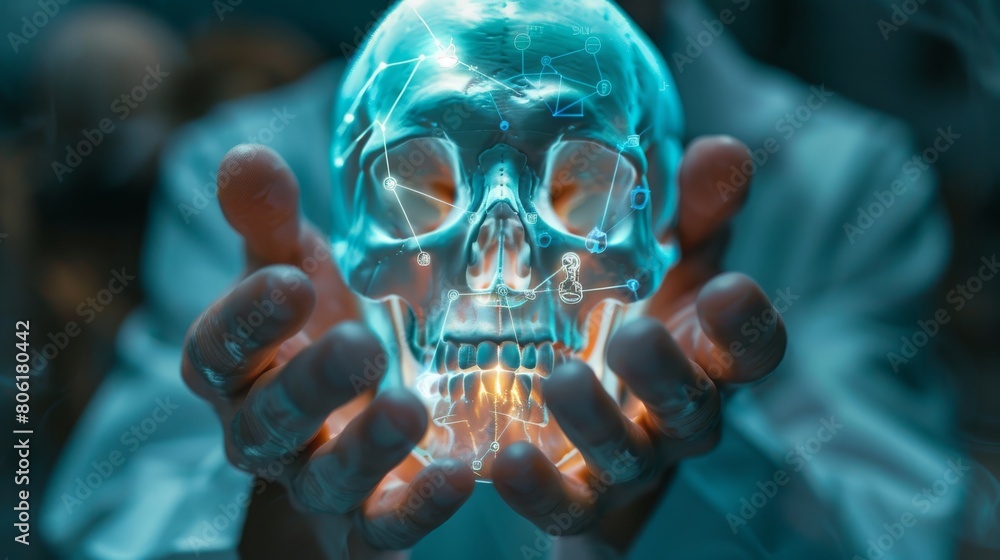 The image is a photo of a skull. The skull is held in the hands of a person. The skull is glowing. The background is dark. The photo is taken from a low angle. The image is a photo of a skull. The skull is held in the hands of a person. The skull is glowing. The background is dark. The photo is taken from a low angle.