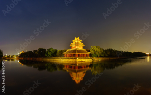 the night view of the Forbidden City. panoranic view of Forbidden City and moat, Beijing, China. photo