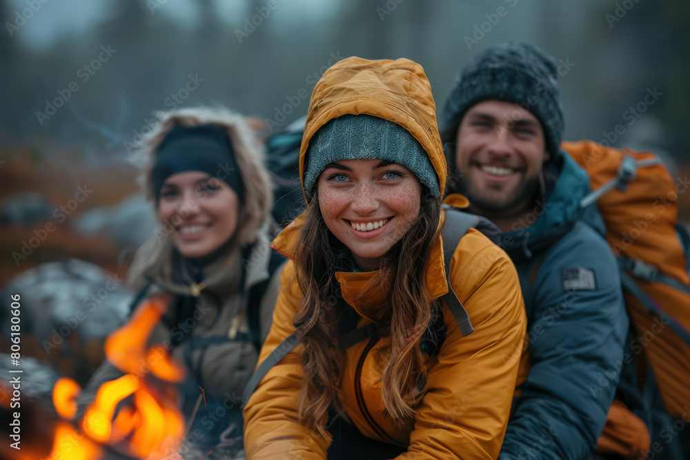 joyful group of hikers around campfire in misty forest setting joyful group of hikers around campfire in misty forest setting