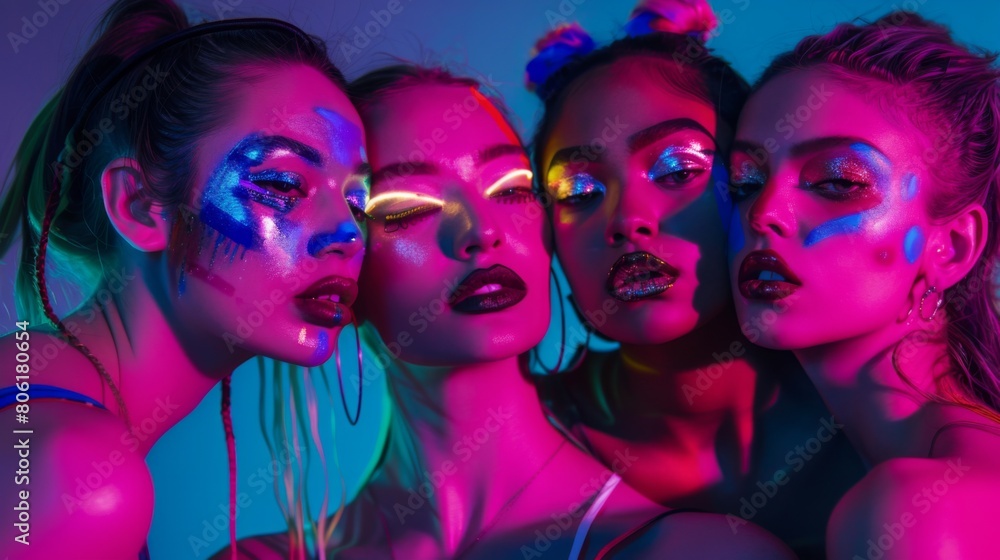 Obraz premium Gen Z women in neon lights, faces adorned with bold, avant-garde makeup, exude confidence and artistic flair in a vivid display of youth culture.