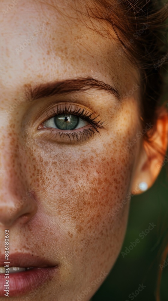 Naklejka premium Close-up of a woman's freckled face partially obscured by a green leaf, showcasing natural beauty and skin positivity in a tropical setting.