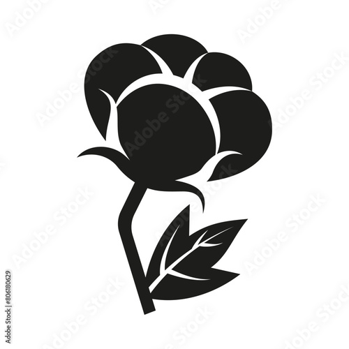 Organic ripe cotton sprout logo black silhouette with leaf. Flat doodle style. Vector illustration.