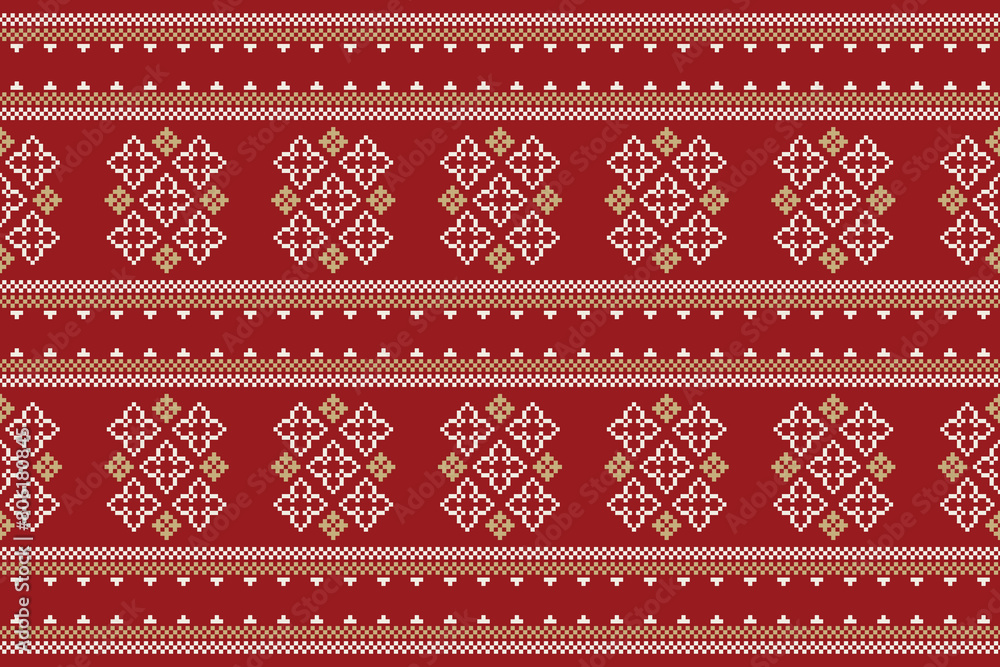 Traditional ethnic motifs ikat geometric fabric pattern cross stitch.Ikat embroidery Ethnic oriental Pixel red background. Abstract,vector,illustration. Texture,christmas,decoration,wallpaper. Traditional ethnic motifs ikat geometric fabric pattern cross stitch.Ikat embroidery Ethnic oriental Pixel red background. Abstract,vector,illustration. Texture,christmas,decoration,wallpaper.