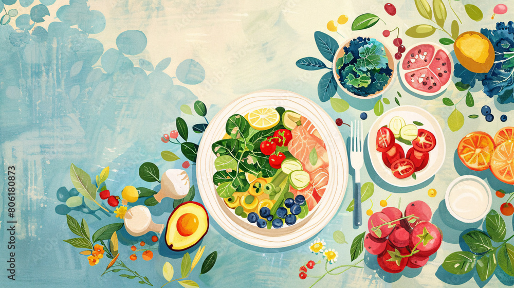 meat vegetables fruit featuring nutritious foods that promote a healthy diet and Lifestyle in cartoon style meat vegetables fruit featuring nutritious foods that promote a healthy diet and Lifestyle in cartoon style