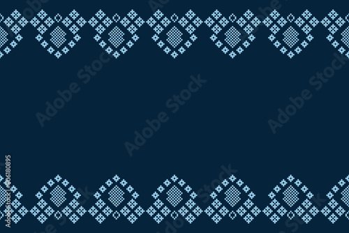 Traditional ethnic motifs ikat geometric fabric pattern cross stitch.Ikat embroidery Ethnic oriental Pixel navy blue background. Abstract,vector,illustration. Texture,decoration,wallpaper.