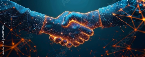 Handshake with a blockchain network illustration, Showcasing the security and transparency of blockchain technology photo