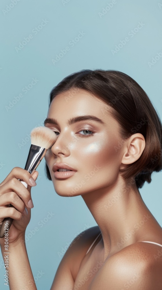 A sophisticated beauty magazine ad featuring a woman with flawless skin, applying setting powder with a soft brush against a cool blue background. A sophisticated beauty magazine ad featuring a woman with flawless skin, applying setting powder with a soft brush against a cool blue background.