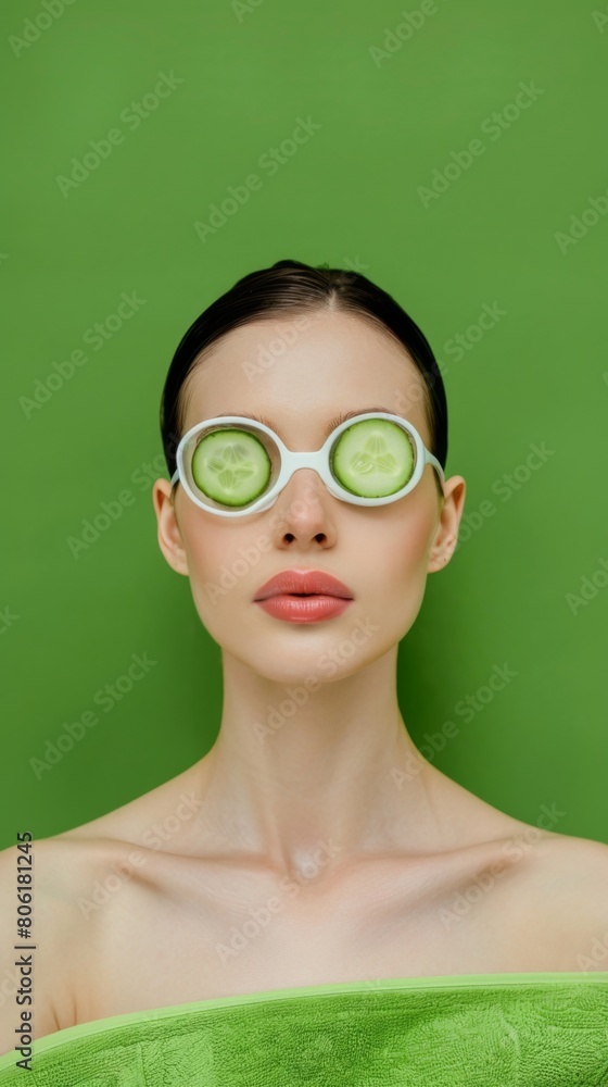 Woman with a soothing cucumber eye treatment, spa freshness concept, against a green backdrop, embodying natural skincare and relaxation. Woman with a soothing cucumber eye treatment, spa freshness concept, against a green backdrop, embodying natural skincare and relaxation.