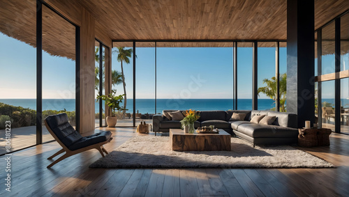 Beautiful home interior with a black living room and wooden floors, overlooking the ocean, blue sky, and sandy beach, embodying summer serenity