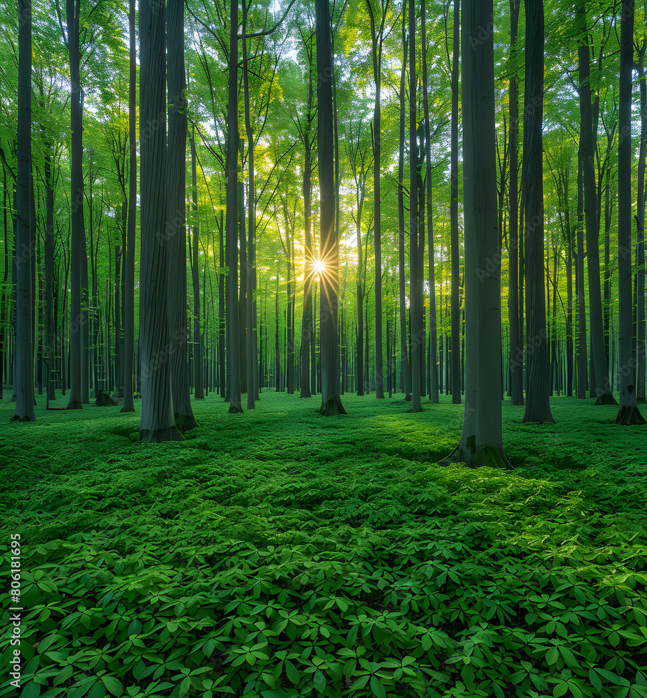 Obraz premium Experience the forest with all your senses by bathing in the forest The sun shines through the leaves.High quality photo