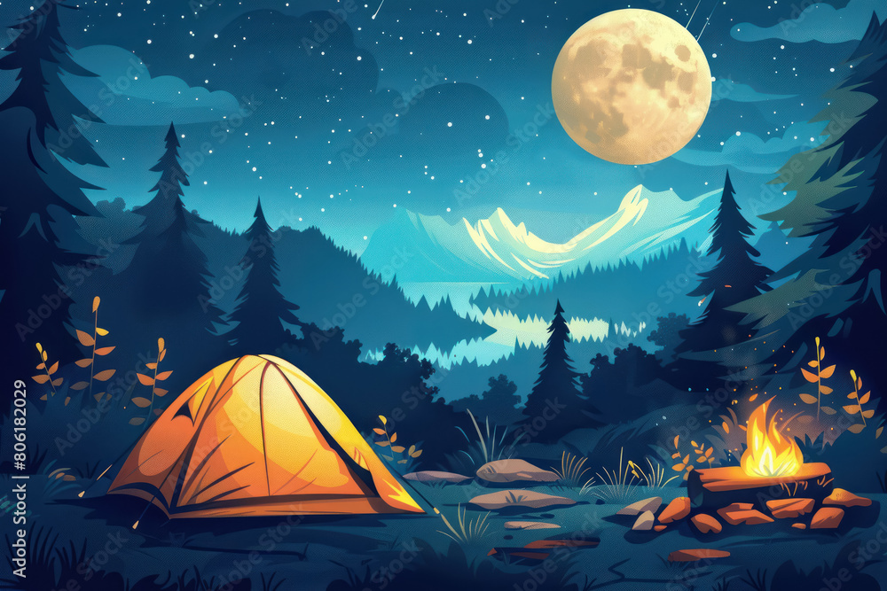 Fototapeta premium peaceful camping night under a full moon in a serene forest setting