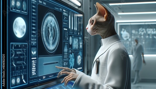 A cat wearing a lab coat is working at a computer terminal in a laboratory. photo