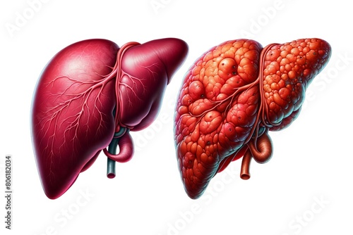 Illustrations of a healthy and diseased human liver, highlighting the stark contrasts for medical and educational use.