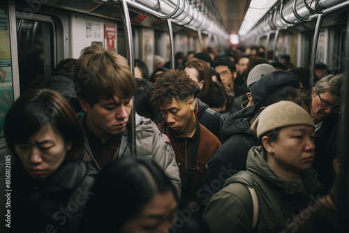 Crowded subway train with passengers standing shoulder to shoulder during peak hours. Generative AI photo