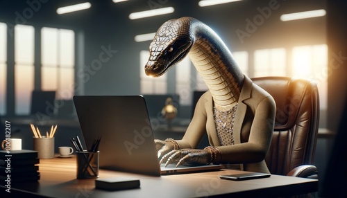 Snake businesswoman in a suit working on laptop in office photo