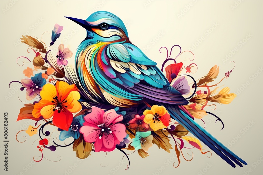 Brightly colored vector bird with a large, patterned flower, designed with clarity and eyecatching colors ,  childlike drawing