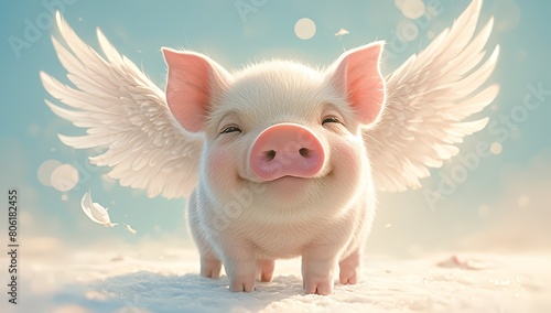pig with wings flying in the sky, happy mood