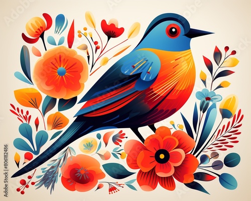 Artistic vector rendering of a playful bird in primary colors with a striking flower  simple yet vibrant    clean and clear drawing