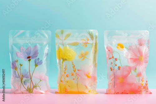 three tropical themed zip lock pouches against soft pink backdrop