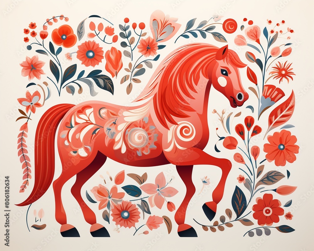 Fototapeta premium Joyful vector scene with a red horse and a variety of playful plant motifs, clear, detailed, and vibrant colors , against pure white background