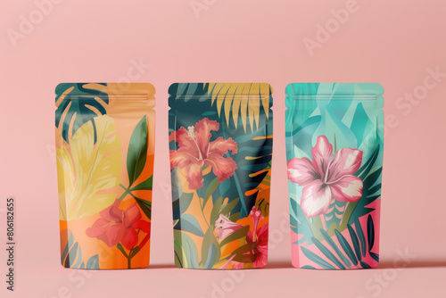 vibrant floral printed ziplock pouches on pastel background for stylish packaging photo