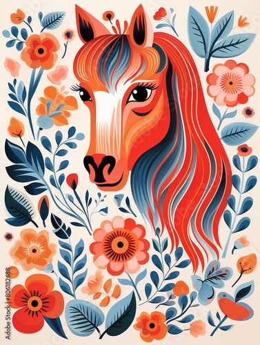 Vibrant vector illustration of a whimsical scene with a red horse  colorful plants  and a doll  highresolution  clear details    against pure white background