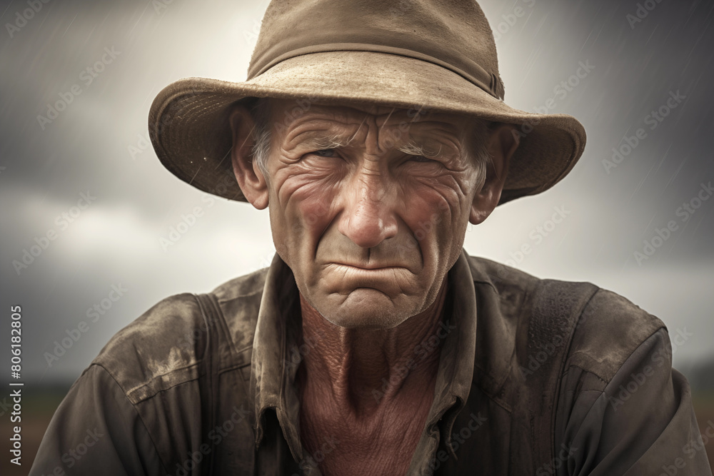 Resilient farmer, sweat trickling down his furrowed brow, hands calloused from years of tending to land. Generative AI Resilient farmer, sweat trickling down his furrowed brow, hands calloused from years of tending to land. Generative AI
