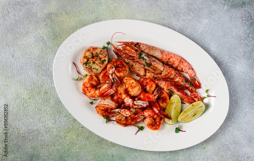 fried langoustines and tiger shrimps, with spices and herbs, homemade dish, without people,