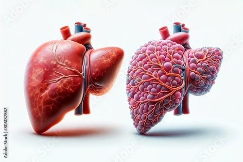 3D illustrations of healthy and cirrhotic human livers, highlighting dramatic differences for educational use. photo