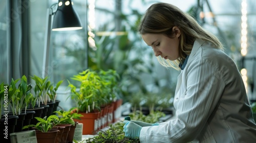 Breeding Analysis: The scientist studying plant breeding techniques, with various plant samples and breeding records visible in the background, showcasing her expertise in agricultural research.  photo