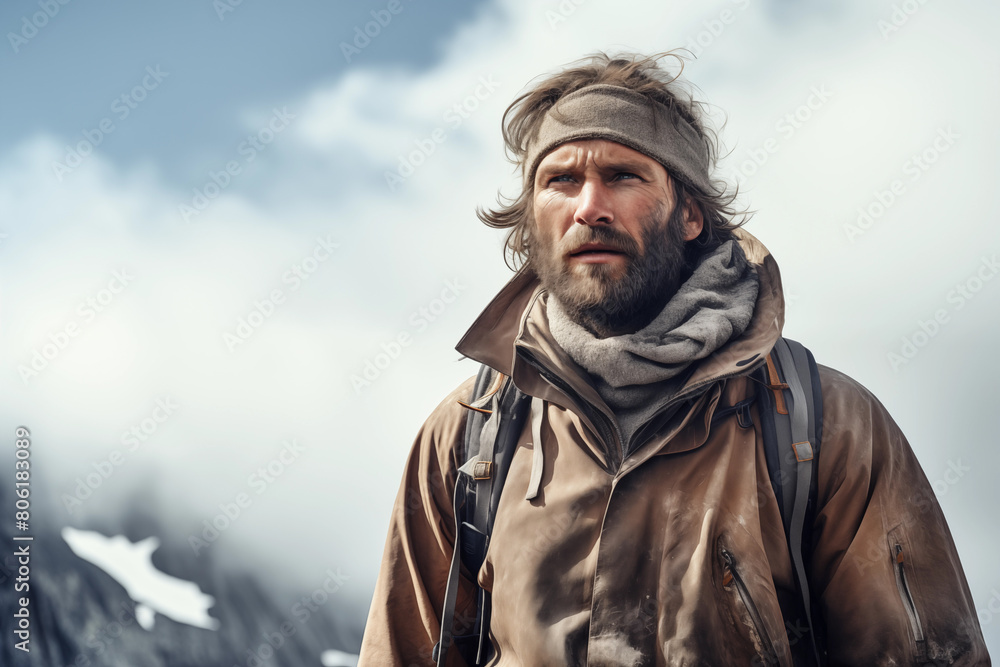 Stoic mountaineer, standing atop a rugged peak. Generative AI