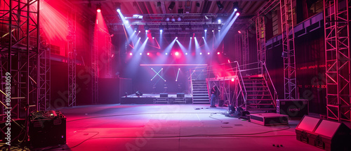 Setup for live stage production in a center stage venue. Rigging equipment, lighting trusses, stairs, and PA systems being carried in.