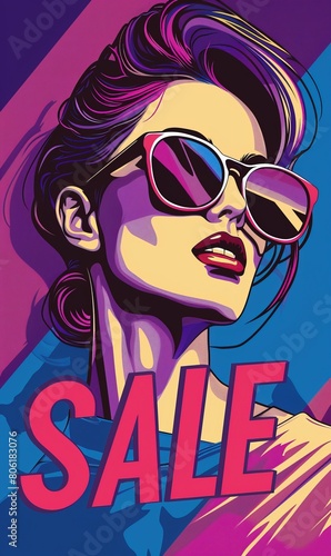 A vibrant pop art style poster featuring a woman with sunglasses and the word "SALE"